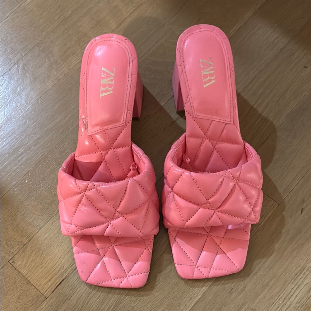 Zara Pink Quilted Block Heel Mules